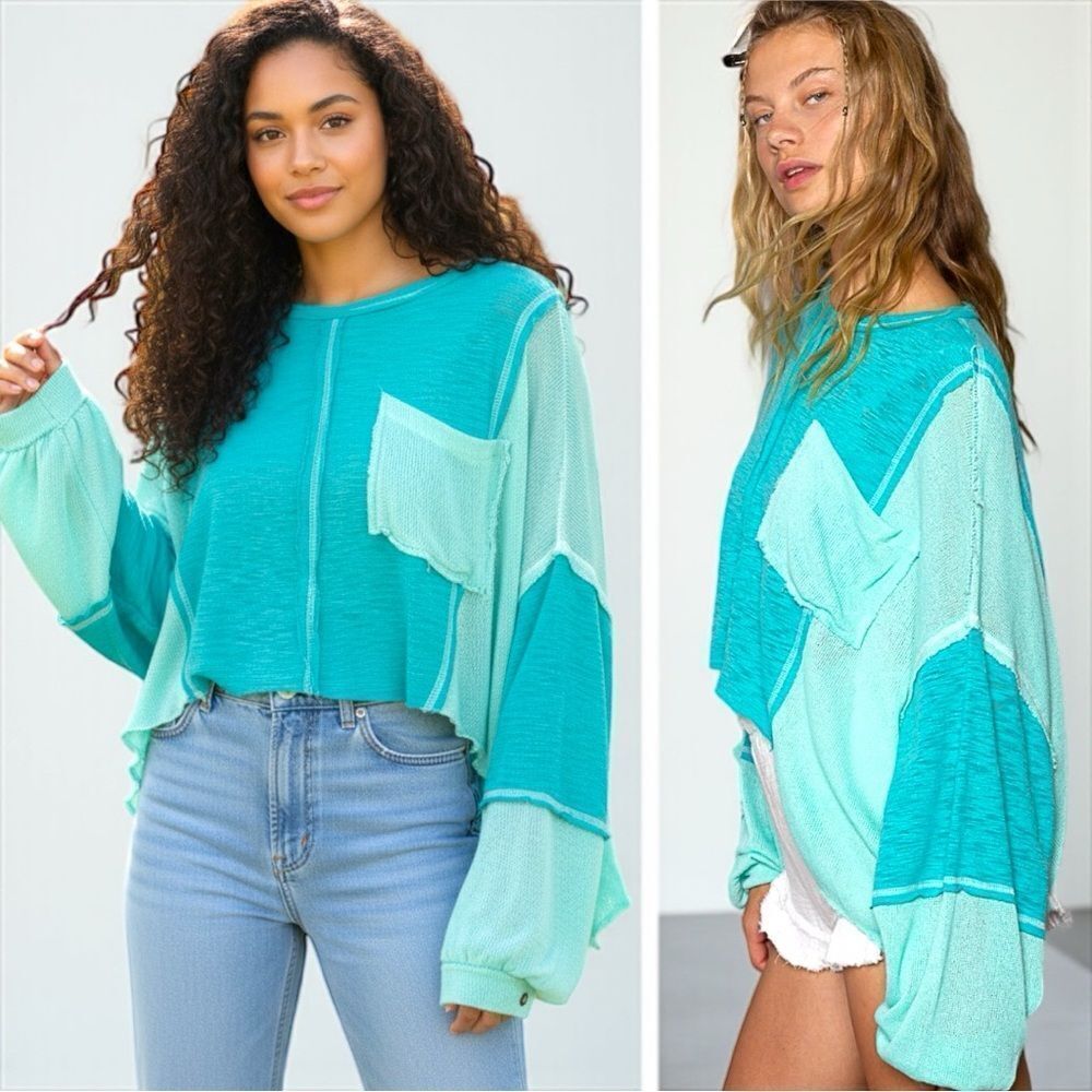 POL Oversized Top Boho Turquoise Green Round Contrast Stitching High-Low Large